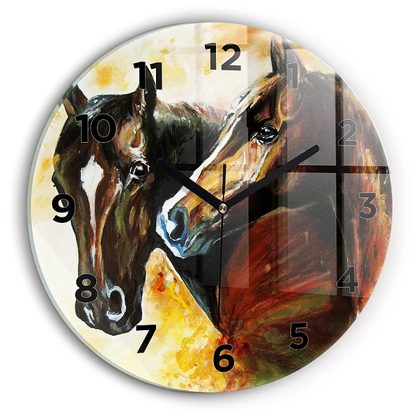 Wanduhr glas rund Zwei gemalte Pferde