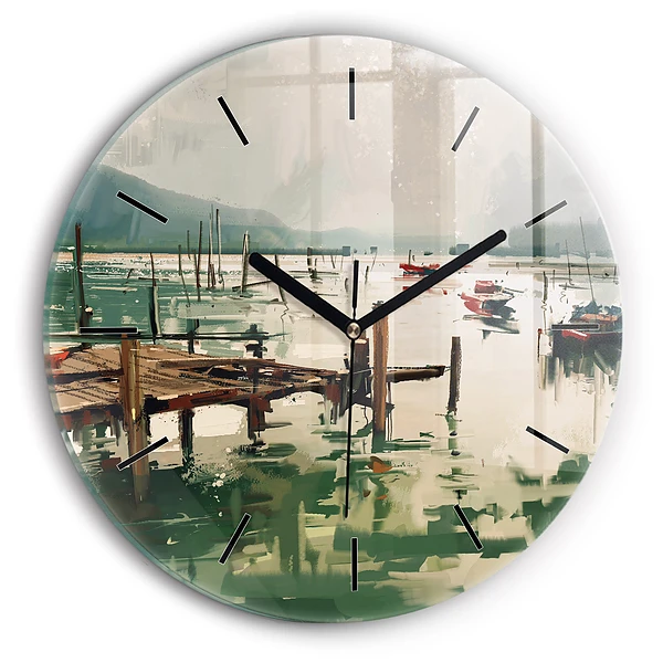 Wanduhr glas rund Fischerboote im Hafen