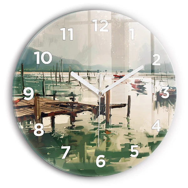Wanduhr glas rund Fischerboote im Hafen