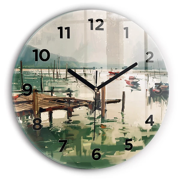 Wanduhr glas rund Fischerboote im Hafen