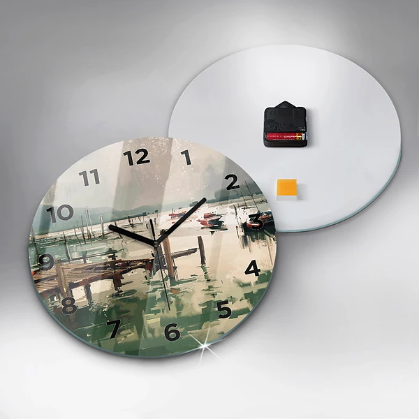 Wanduhr glas rund Fischerboote im Hafen