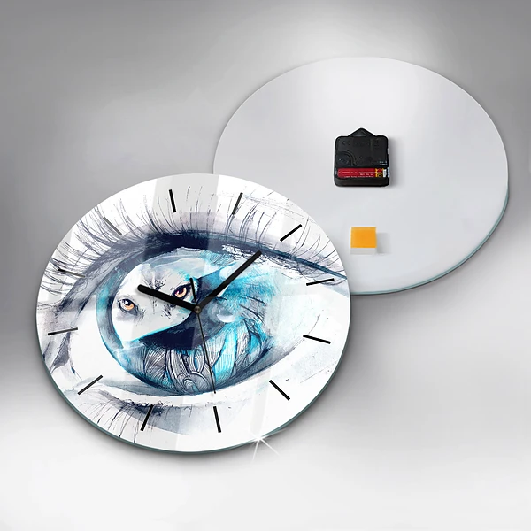Wanduhr glas rund Illustration eines Wolfs