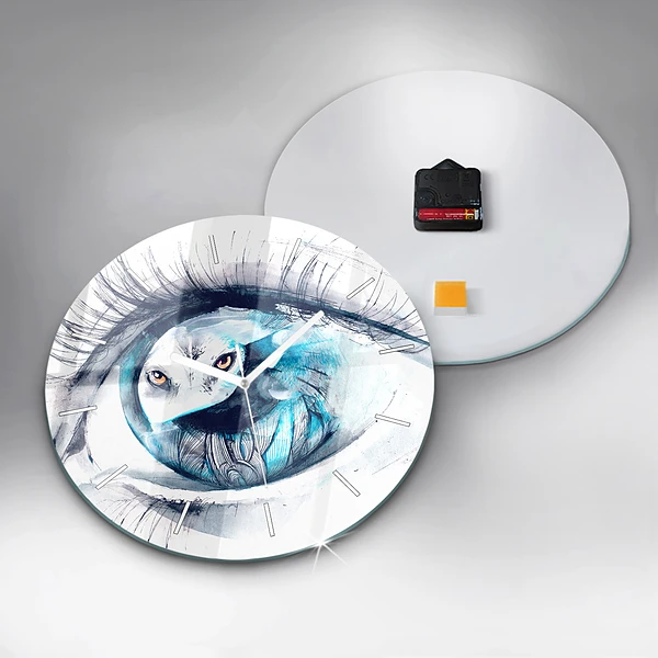 Wanduhr glas rund Illustration eines Wolfs