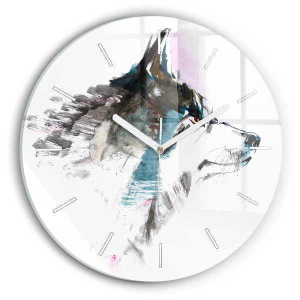 Wanduhr glas rund Profil eines gemalten Wolfes