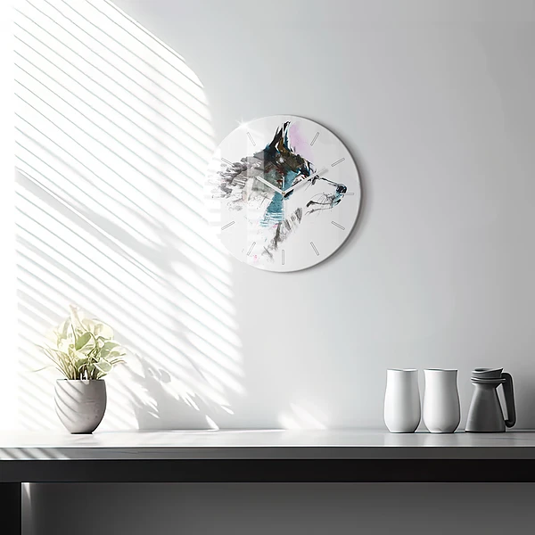 Wanduhr glas rund Profil eines gemalten Wolfes