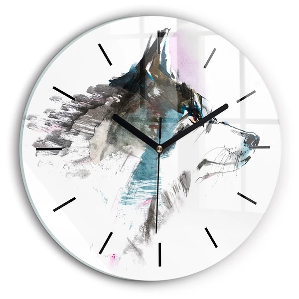 Wanduhr glas rund Profil eines gemalten Wolfes