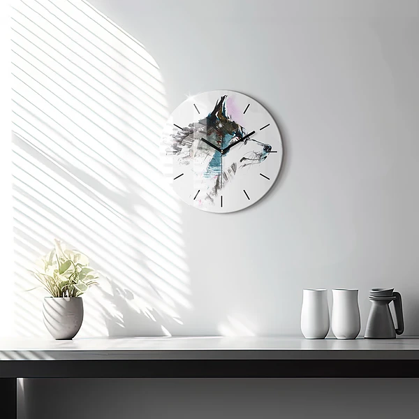 Wanduhr glas rund Profil eines gemalten Wolfes