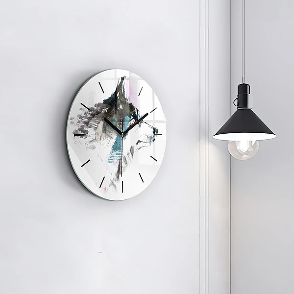 Wanduhr glas rund Profil eines gemalten Wolfes