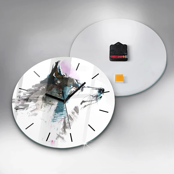 Wanduhr glas rund Profil eines gemalten Wolfes