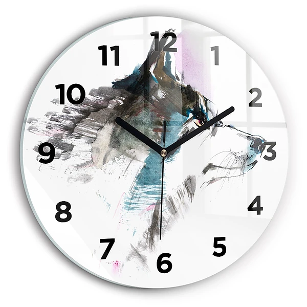 Wanduhr glas rund Profil eines gemalten Wolfes