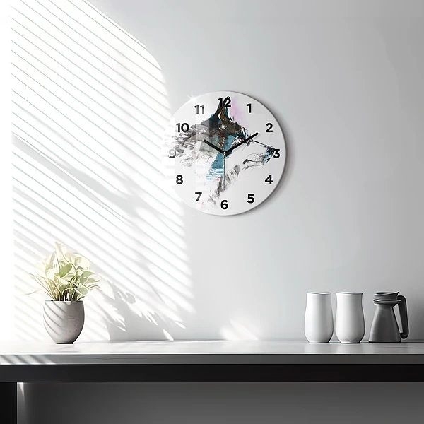 Wanduhr glas rund Profil eines gemalten Wolfes