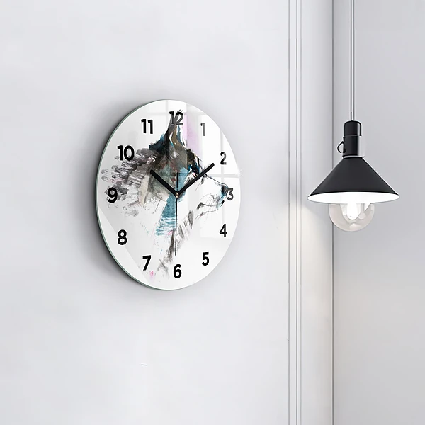 Wanduhr glas rund Profil eines gemalten Wolfes