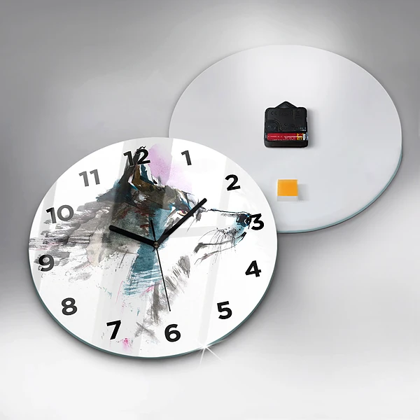Wanduhr glas rund Profil eines gemalten Wolfes