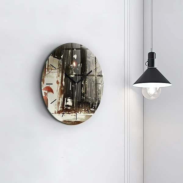Wanduhr glas rund Frau in einer regnerischen Nacht