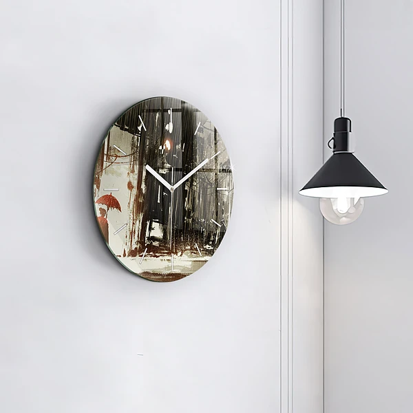 Wanduhr glas rund Frau in einer regnerischen Nacht