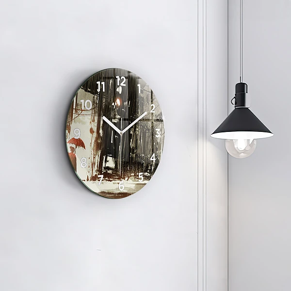Wanduhr glas rund Frau in einer regnerischen Nacht
