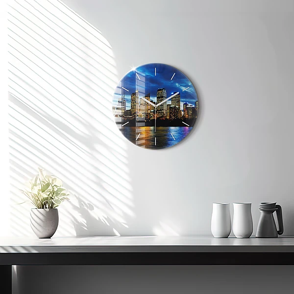 Wanduhr glas rund Sydney am Abend