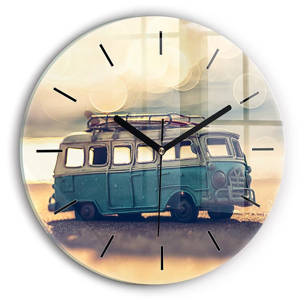 Wanduhr glas rund Camper am Strand