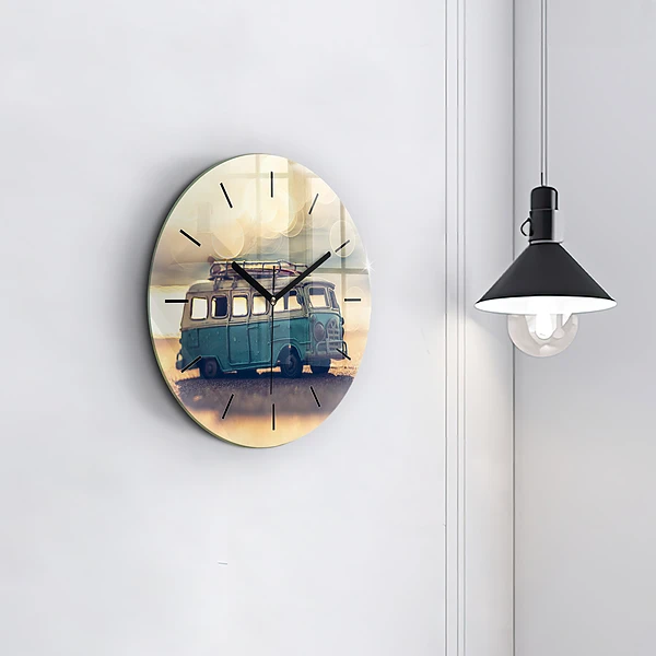 Wanduhr glas rund Camper am Strand