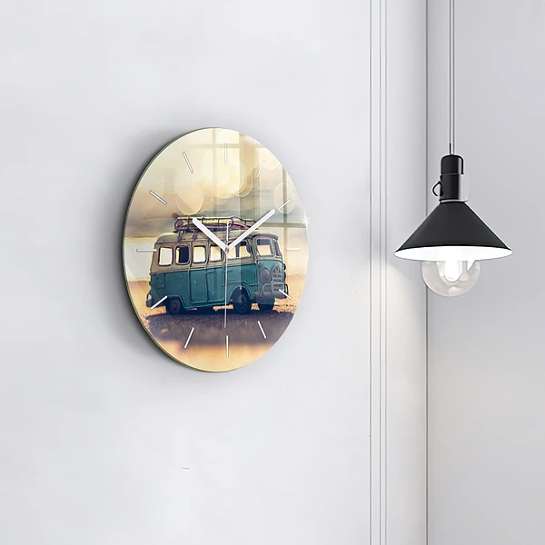 Wanduhr glas rund Camper am Strand