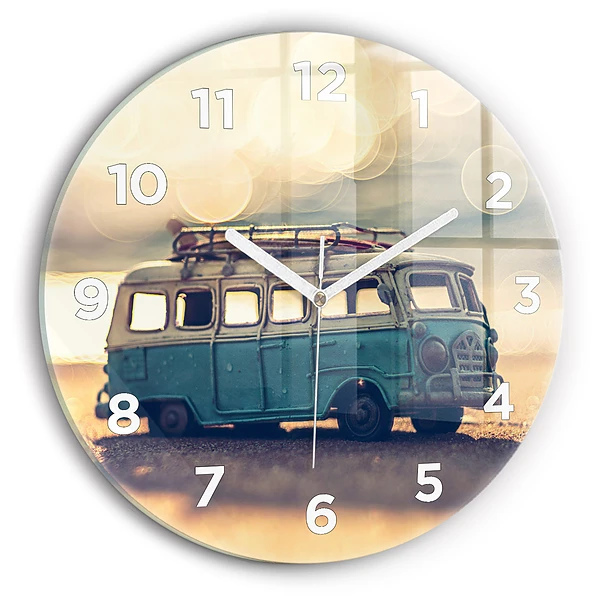 Wanduhr glas rund Camper am Strand