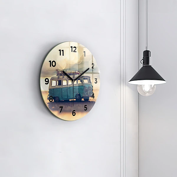 Wanduhr glas rund Camper am Strand