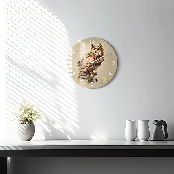 Wanduhr glas rund Eule - ein Zeichen der Weisheit