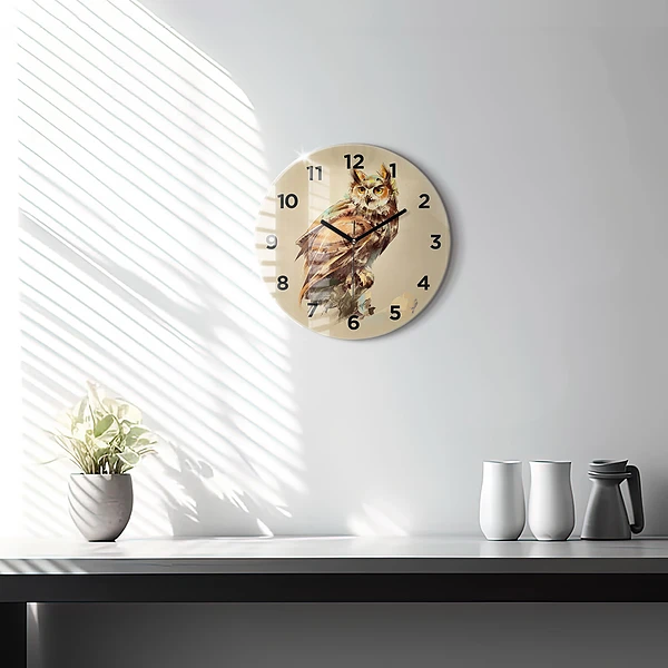 Wanduhr glas rund Eule - ein Zeichen der Weisheit