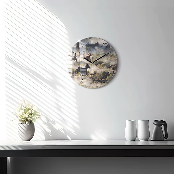 Wanduhr rund mit motiv Herde von rasenden Pferden