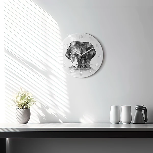 Wanduhr glas rund Zeichnung Bär
