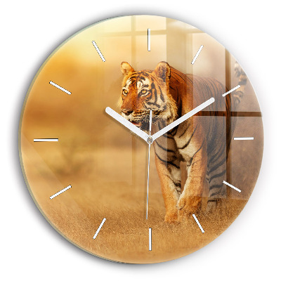 Wanduhr glas rund Tiger jagen