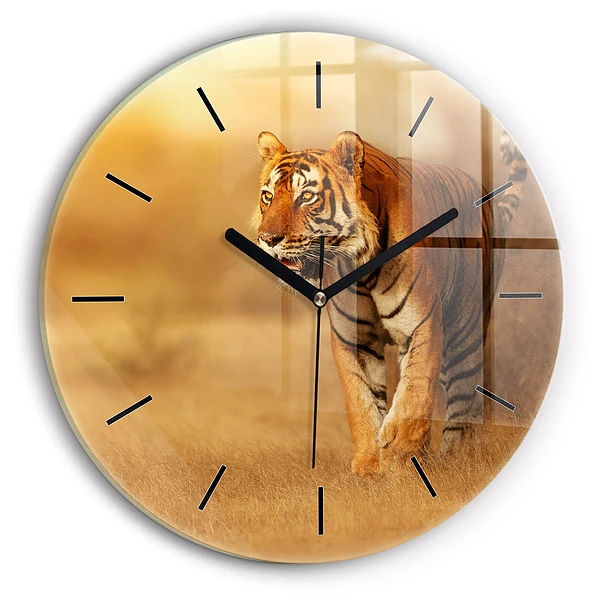 Wanduhr glas rund Tiger jagen