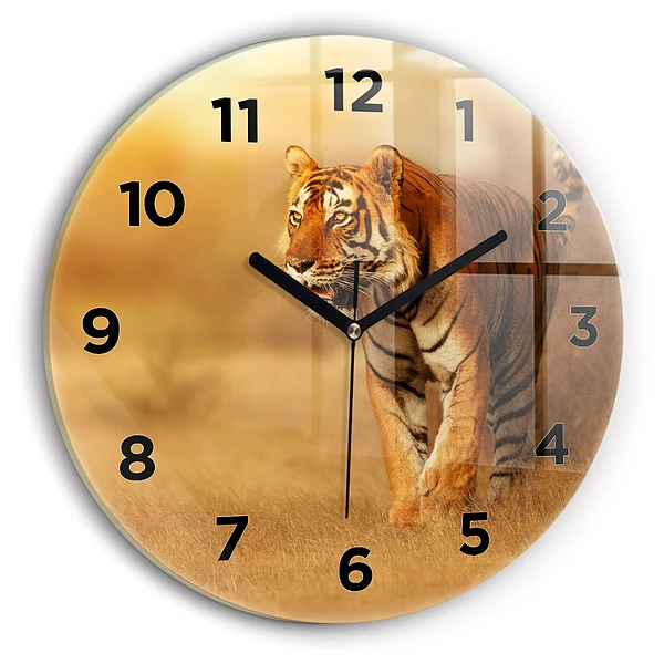 Wanduhr glas rund Tiger jagen