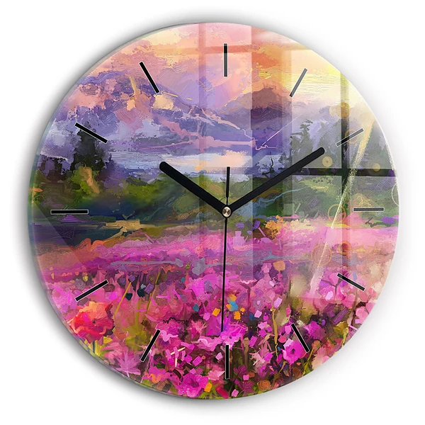 Wanduhr rund mit motiv Wiese im Sonnenuntergang
