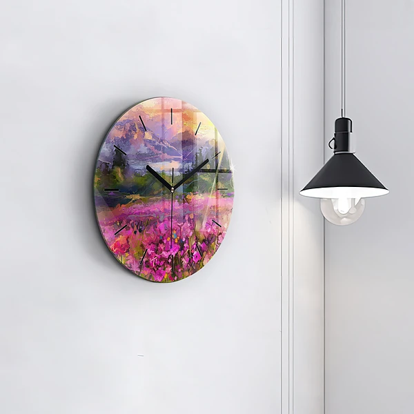 Wanduhr rund mit motiv Wiese im Sonnenuntergang