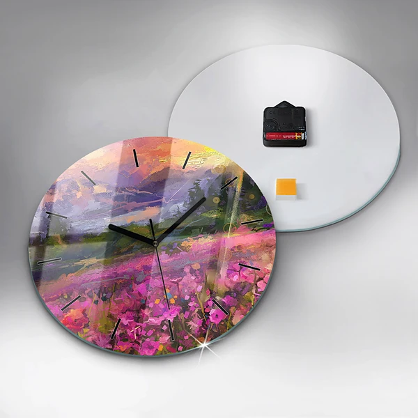 Wanduhr rund mit motiv Wiese im Sonnenuntergang