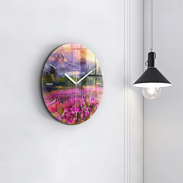 Wanduhr rund mit motiv Wiese im Sonnenuntergang