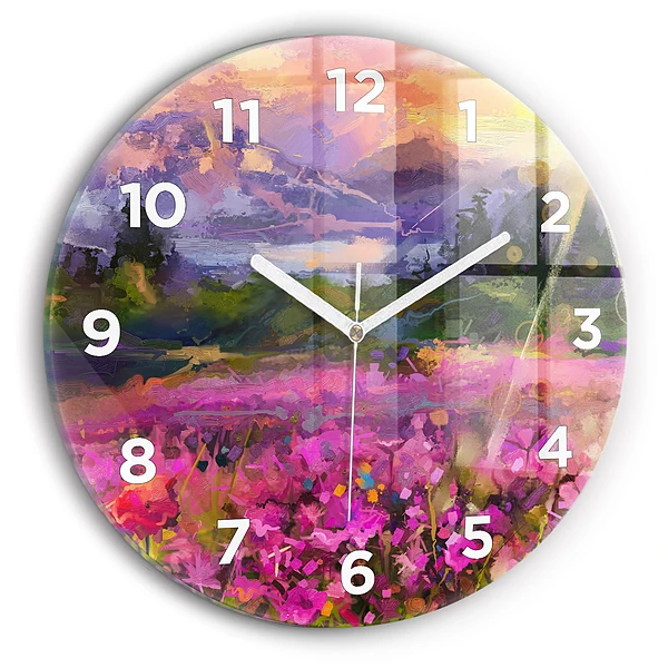 Wanduhr rund mit motiv Wiese im Sonnenuntergang