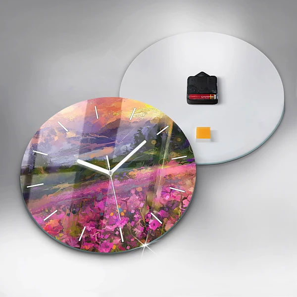 Wanduhr rund mit motiv Wiese im Sonnenuntergang