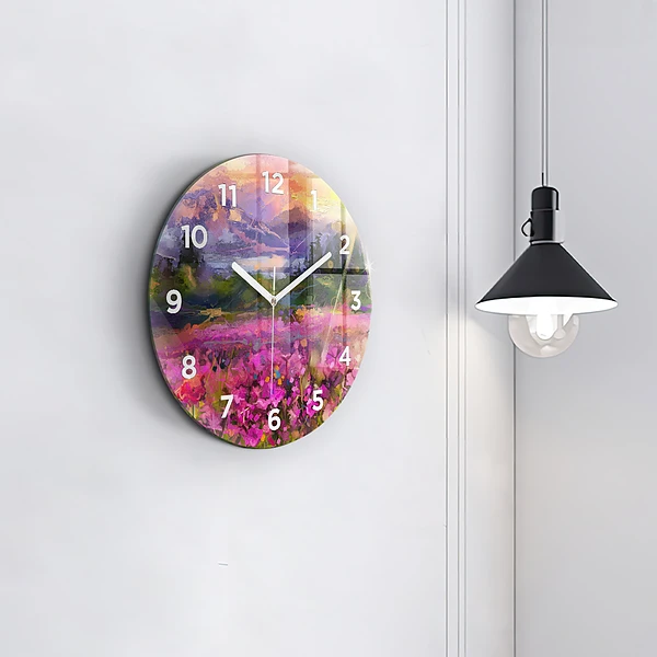 Wanduhr rund mit motiv Wiese im Sonnenuntergang