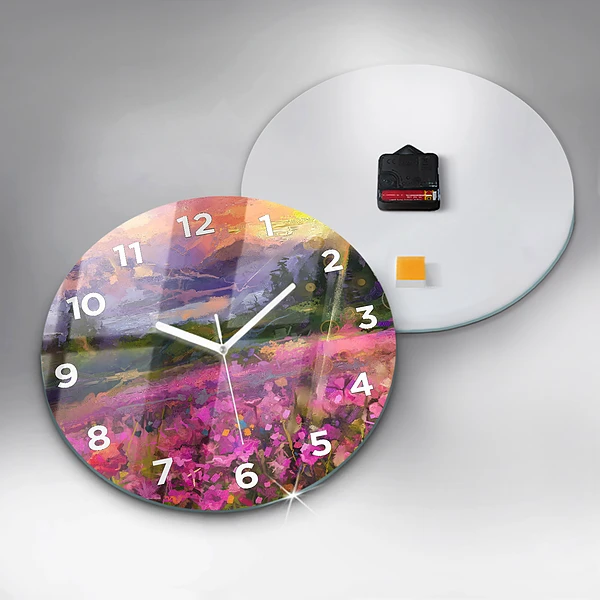 Wanduhr rund mit motiv Wiese im Sonnenuntergang