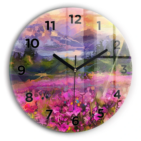 Wanduhr rund mit motiv Wiese im Sonnenuntergang