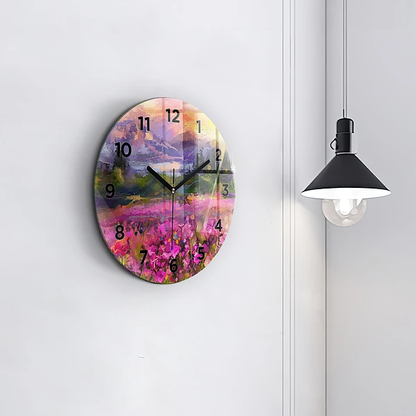 Wanduhr rund mit motiv Wiese im Sonnenuntergang