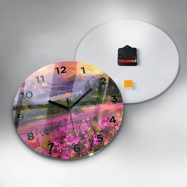 Wanduhr rund mit motiv Wiese im Sonnenuntergang