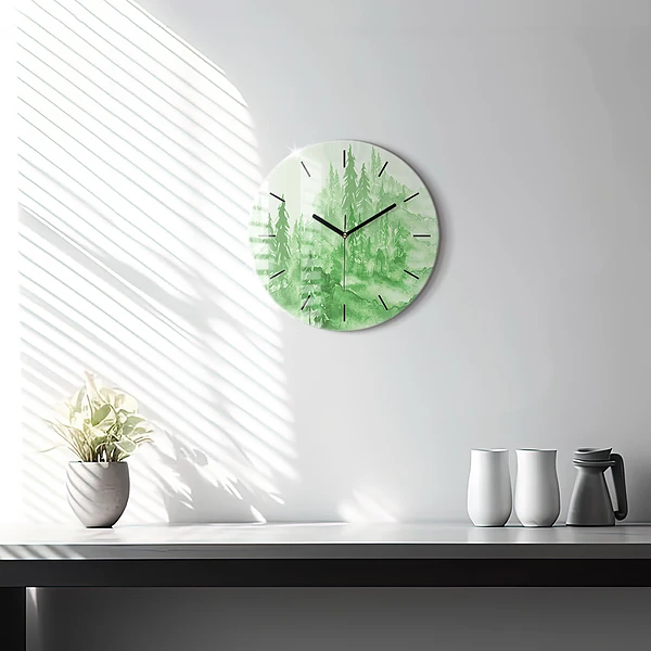 Wanduhr rund Gemälde eines grünen Waldes