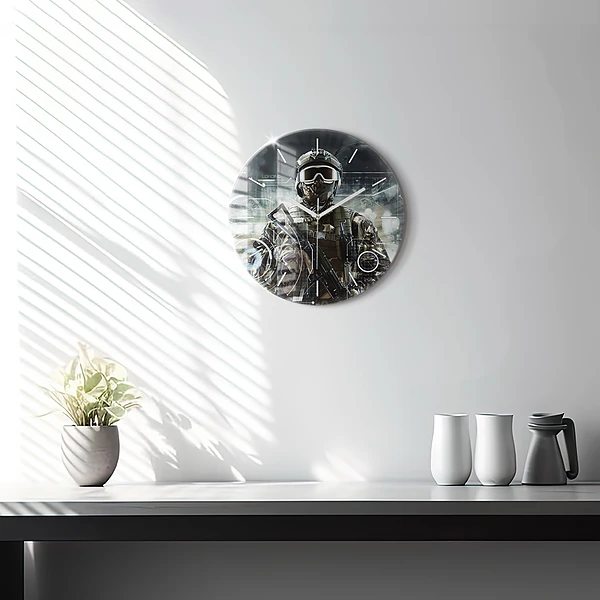 Wanduhr glas rund Soldat mit einem Gewehr
