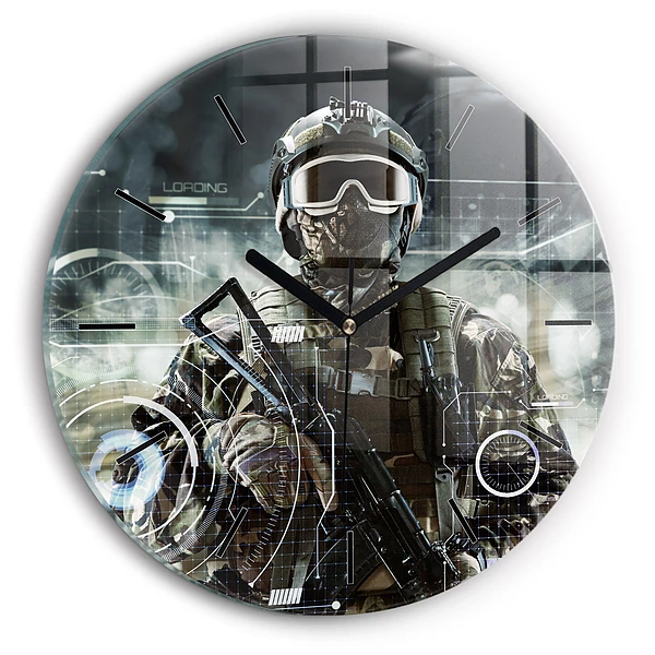 Wanduhr glas rund Soldat mit einem Gewehr
