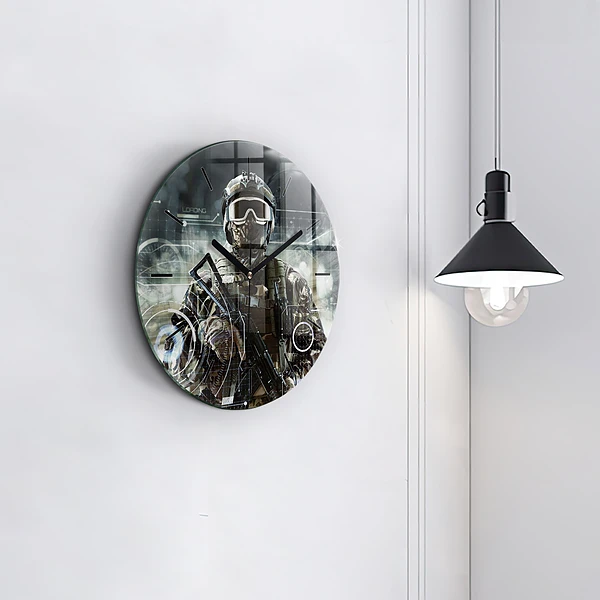 Wanduhr glas rund Soldat mit einem Gewehr