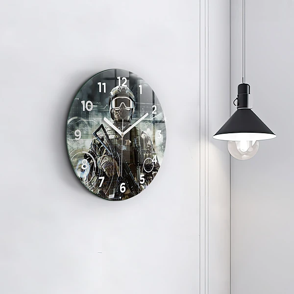 Wanduhr glas rund Soldat mit einem Gewehr