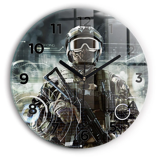 Wanduhr glas rund Soldat mit einem Gewehr